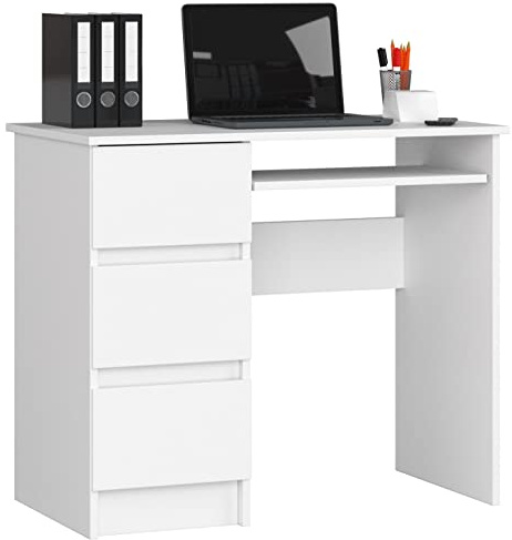 AKORD Escritorio A-6 con Estante para Teclado y 3 cajones a la Izquierda o a la Derecha | Escritorio de Oficina | Escritorio para Ahorrar Espacio | 90x77x50cm 30 kg (Blanco)