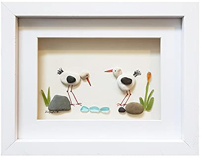 Oystercatchers - Unique Pebble Art & Sea Glass Picture - Framed, Unique, Handmade