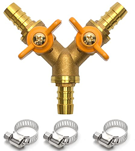 Brass Hose Splitter - 3 Way Shut Off Ball Valve, 3/8 Hose Barb 2 Switch Brass Y Shaped Valve