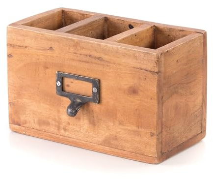 DESIGN DELIGHTS Holz STIFTEHALTER Box Vintage 19 | Mahagoni, 19x12x10cm (BxHxT) | Stiftebox mit Metallgriff, Stifteköcher, Schreibtischorganizer im Shabby Style | Farbe: 08 honigfarben gewachst