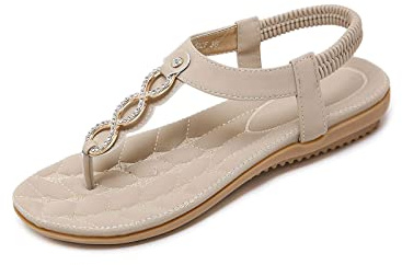 SANMIO Damsandaler bohemisk strass platta sandaler sommar PU-läder tåseparator, Stil 2 aprikos, 40 EU
