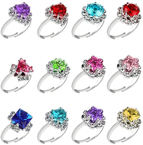 Toulifly Prinzessin Schmuck Set für Mädchen, 12 Stück Kristall Ringe, Kinderschmuck Geburtstag Partygeschenk Mädchen Kinder Fingerringe Diverse Stile