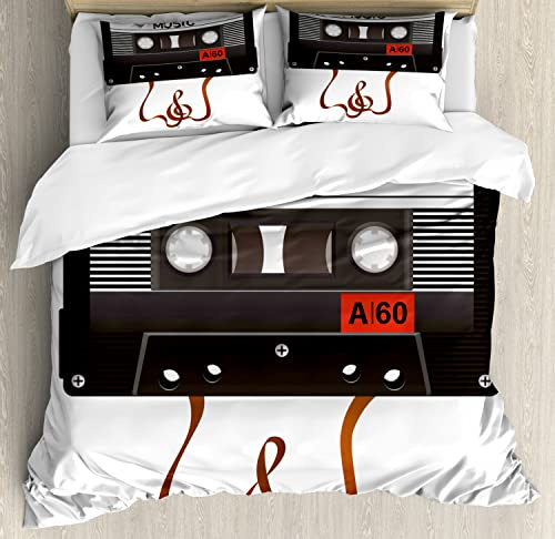 Ambesonne 70s Party Duvet Cover Sets, Broken Analogue Audio Cassette Music Playing Record Vintage Technology, Bedding Set with 2 Duvet Covers & 4 Pillowcases, 2 Pack Queen Size, Orange Caramel White