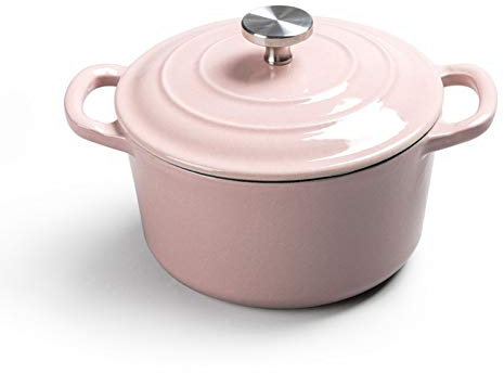 SHALOLY Enameled Cast Iron with Lid Casserole Pot Non-Stick Cooking Pan, 1.2 L, for Steam Braise Bake Broil Saute Simmer Roast,Pink (Pink)