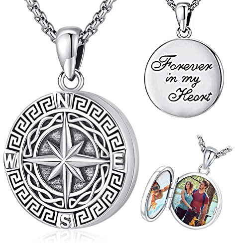 Collana con medaglione personalizzato con Ciondolo bussola Scatola di foto Argento Sterling 925, Collana Bussole Vintage Gioielli Commemorativi Regali Stagione Laurea Ringraziamento per Uomo Donne