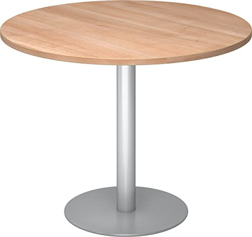 bümö Besprechungstisch, Esstisch klein, Tisch rund 100 cm - Kleiner Esstisch Nussbaum, Rundtisch Esstisch 2 Personen mit Holz-Platte, Säule aus Metall in Silber, Konferenztisch, Bistrotisch