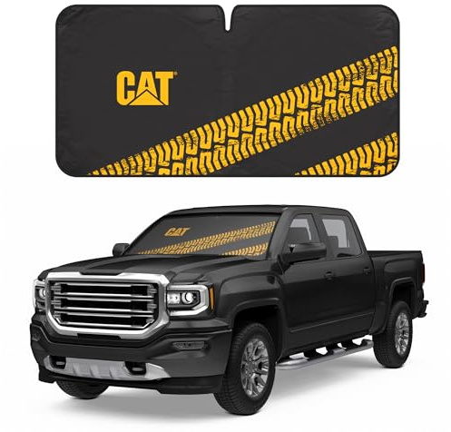 Cat Auto Shade for Car/Truck Windshield Pop-Up Sunshade UV Reflective Sun Shade Black with Yellow Tire Tracks – Jumbo Size 64” x 32”