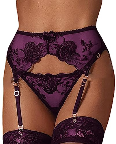 NewBull Porte-Jarretelle Sexy Ensemble Femme Nuisette Lingerie avec 4 Ajustable Bretelles Dentelle Florale Transparente String et Haute Taille Nœud Porte Jarretelle Deux Pièces Vintage (Violet)