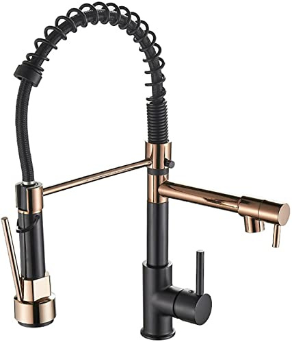 HWSY Kitchen Sink Faucet With Pull Down Sprayer, Dual Function Brass Pot Filler, Rose Gold + Black Tap