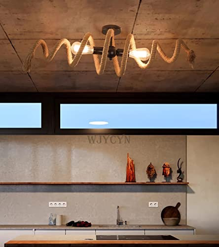 Esstischlampe Vintage Deckenleuchte Seil Retro Hanfseil 2 Flammen Antik Deckenlampe Loft Rustikale Industriedesign E27 Deckenbeleuchtung Esstisch Pendelleuchte Küche Wohnzimmer Bar Cafe Lampen