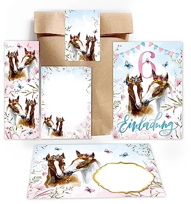 Minkocards 12 Einladungskarten zum 6. Kindergeburtstag Mädchen Pferde Einladung sechste Geburtstag incl. 12 Umschläge, 12 Partytüten/natur, 12 Aufkleber, 12 Lesezeichen, 12 Mini-Notizblöcke