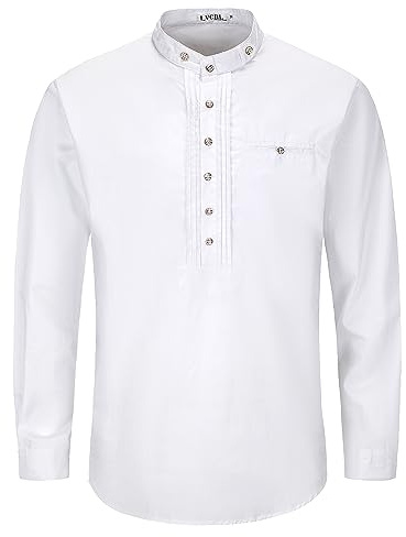 LVCBL Herren Hemd Langarm Stehkragen Trachtenhemd Oktoberfest Baumwolle Freizeithemd Weiß 2XL