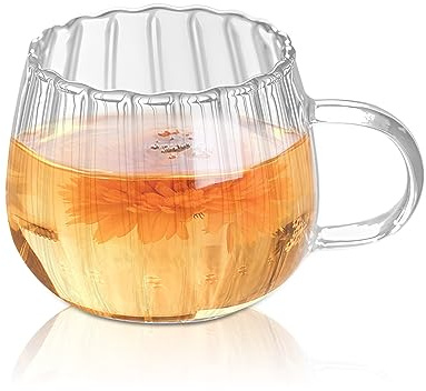 DZAY Gerippte Trink- und Kaffeegläser Gläser 400ml Klar Kristall mit Henkel und Vertikalen Streifen Design