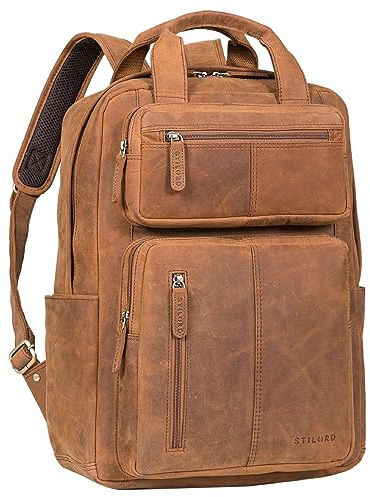 STILORD 'Amos' exklusiv business läderryggsäck vintage laptop ryggsäck herr student ryggsäck äkta läder affärsryggsäck damer läderväska retro, Brun – mörkbrun, L