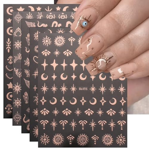 JMEOWIO 10 Sheets Moon Star Sun Nail Art Stickers Decals Self-Adhesive Geometry Rose Gold Nail Supplies Nail Art Design Decoration Accessories