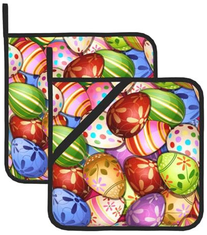 Confezione da 2 presine per cucina, motivo uova pasquali colorate, resistenti al calore, con tasche ad anello per appenderle, panni per forno a microonde, per cucinare, campeggio, cottura