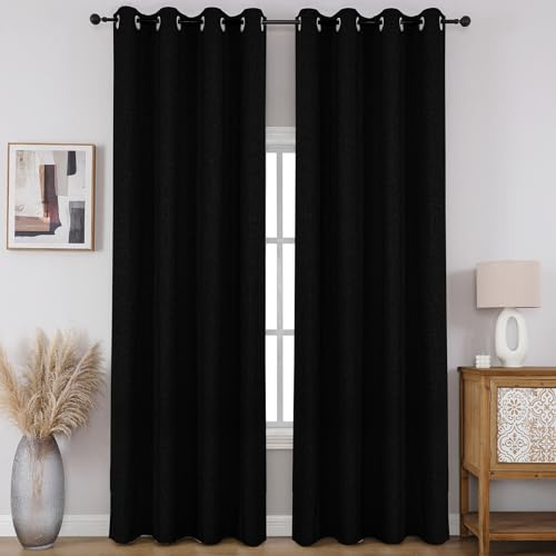 CUCRAF Fenstervorhänge, 100% verdunkelnd, 213,4 cm lang, 2 Paneele, Leinenoptik, wärmeisoliert, Ösenvorhänge, Raumverdunkelungsvorhang für Schlafzimmer, Wohnzimmer, (B 132 x L 213 cm, schwarz)