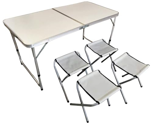 BDW Camping Sitz Garnitur - Klapptisch und 4 Stuhle - Gartenmöbel, Klappbar, Tisch 120x60 Höhenverstellbar - Biertischgarnitur - Gartenmöbel Set, Leicht, aus Aluminium - Weiß