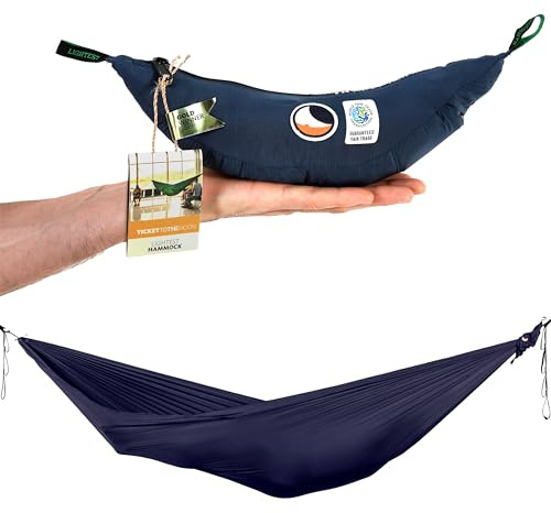 Ultraleichte Outdoor Hängematte Navy Blau | aus Nylon Fallschirmseide mit 320 x 140 cm & nur 228 g - Hängematte mit einfachem Aufbau inklusive 6kn Minikarabiner | Original Ticket to the Moon seit 1996
