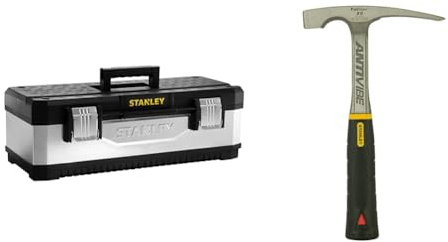STANLEY Galvanised Toolbox Chest with Heavy Duty Metal Hinge, Portable Tote Tray for Tools and Small Parts, 26 Inch, 1-95-620 & 1-54-022 FatMax AntiVibe Brick Hammer, 20 oz, Black/Silver