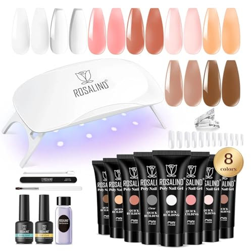 ROSALIND Gelnägel Starterset 8 Farben, Poly Nail Gel Set mit Mini UV Lampe, Base Top Coat und Maniküre-Werkzeuge, Nagelverlängerungs Gel Starter Set für Profesionelle Salon & zu Hause DIY