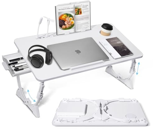 Sinbide laptopbord, hopfällbart laptopbord, 72 x 40 cm stort skrivbord, justerbar höjd vinkel, laptopbord med 4 USB-laddningsportar, med surfplatteutskärning, drickhållare, halkfria fötter och