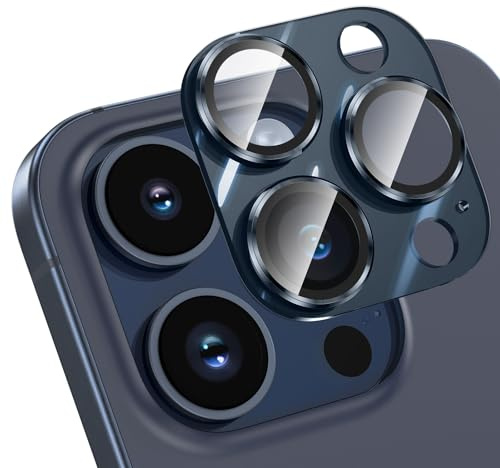 HWeggo pour iPhone 15 Pro/iPhone 15 Pro Max Protection Objectif Caméra Arrière,Film en Verre Trempé 9H Ultra HD,All-in-one-Aluminiumlegierung,Bleu