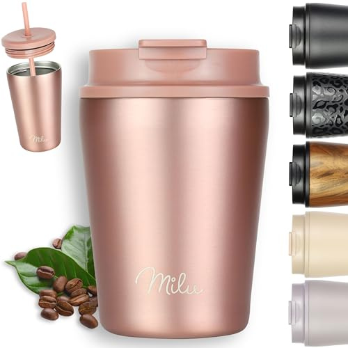 Milu Thermobecher 300ml - 100% Auslaufsicher - Edelstahl Kaffeebecher to go isoliert mit Strohhalm hält 10h heiß / 20h kalt, BPA-frei (Rose Gold, 300ml)