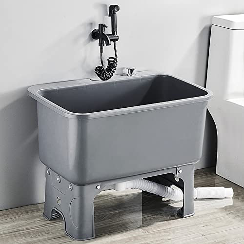 Lavandino a pavimento per lavatoio, seminterrato, negozio, vasca da lavanderia indipendente Lavandini, scarico in piano - rubinetto incluso (Grey)