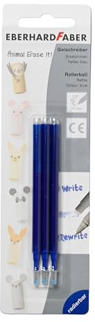 Eberhard Faber Animal Erase It Blaue Gelschreiberminen radierbar, kompatibel mit den meisten bekannten Gelschreibern, Set mit 3 Stück