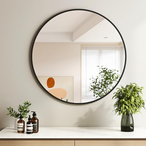 Rund schwarz mit Metallrand, 40cm Durchmesser, für Wohnzimmer, Badezimmer, Flur, Schlafzimmer, groß, Wand, Spiegel