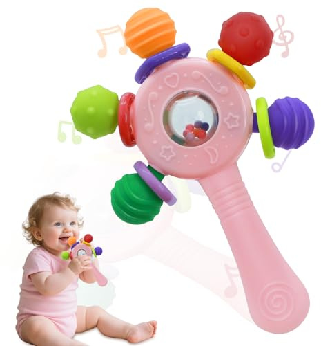 Baby Spielzeug 6 Monate,Babyspielzeug 0-6 Monate,Beißringe Babys, Rasseln für Neugeborene mit Dreh- und Schüttelfunktion, Weihnachtsgeschenke für Jungen & Mädchen 0,3,4,5 Monate (Rosa)