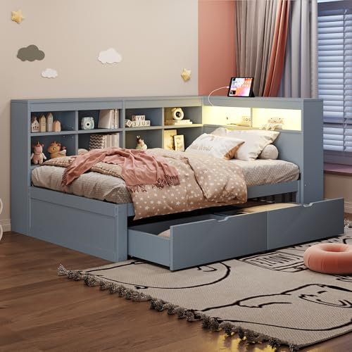 ANIROY Schlafsofa 90x200 cm, Stauraumbett, Massivholzsofa, Einzelbett mit USB und LED, Sofabett Daybett Tagesbett mit Ablagefächern, Multifunktionales Einzelholzbett mit Regalen und Stauraum
