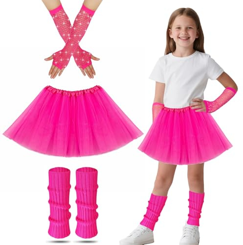Kläder för 80-talet flicka, 80-tal, fantasiklänning för barn med ben rosa kjol Tutu Neon Fishnet handskar 80-tal Fantasiklänning 80-tal tema party kostym tillbehör för flickor (rosa)