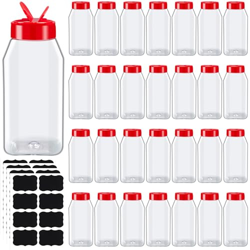 28 Pack 500 ml Plastic Spice Jars, Large Seasoning Bottles with Shaker Lids | Reusable Clear Containers with Dual Flip-Top Red Lids and Labels for Salt, Herbs, Powders, Pepper and Kitchen Storage