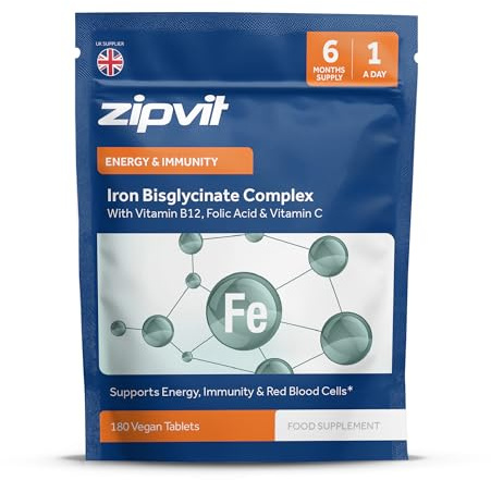 Zipvit Iron Tablets High Strength with Vitamin C, B12 & Folic Acid, 180 Vegan Energy Tablets, Iron Supplements for Women & Men for Energy & Absorption, Eco-Friendly Pouch