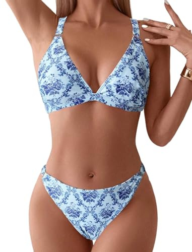 ZAFUL Damen 2-teiliger Badeanzug mit Blumendruck, dreieckiger String, hochgeschnittener Bikini-Sets, Badeanzug