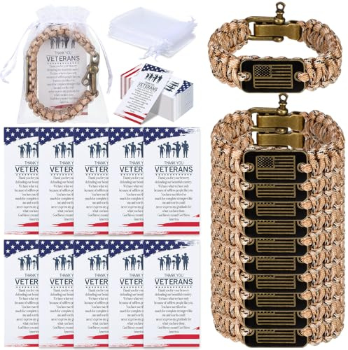 Tondiamo 10 Sets 10/20 Sets Veterans Day Paracord Bracelet for Men Military Army Tactical Survival Bracelet with Bronze USA Flag with Memorial Day Card Bulk Organza Bag (Light Brown)