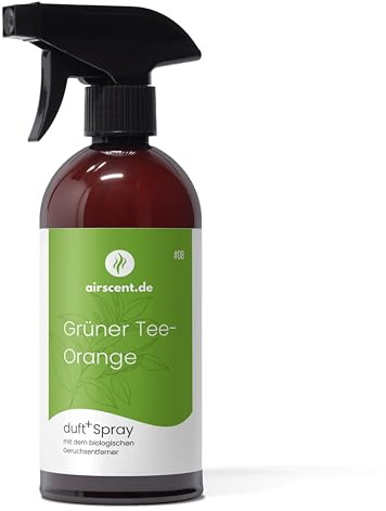 duft+ Geruchsentferner Spray – Bio Raum- & Textilspray mit natürlichen Düften – Grüner Tee, Orange – Duftspray gegen Gerüche – 500 ml