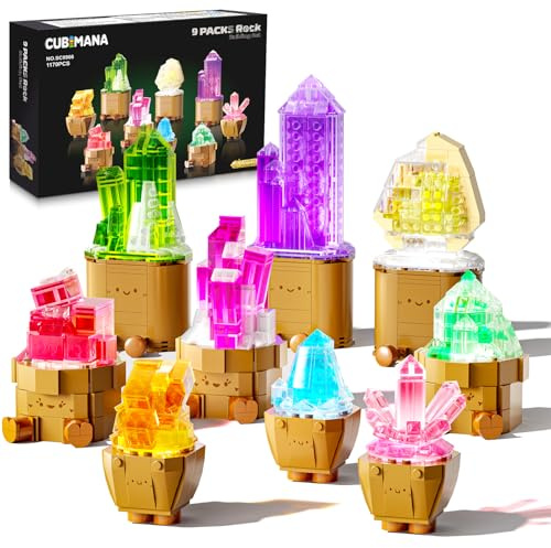 CUBIMANA Erwachsene Mineraliensammlung Blumen 3.6MM Mini Bauspielzeug mit LED Licht, 9 Pack Kristalle Bonsai Baukasten für Zuhause Büro, 1170PCS Weihnachts Klemmbausteine für Erwachsene Kinder 14+