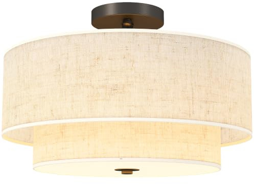 HOMCOM Deckenleuchte, Deckenlampe Hängend, 3 x E14 Fassung, Rund, Creme | Deckenbeleuchtung, Lampenschirm aus Leinen, für Schlafzimmer Wohnzimmer, exkl. Glühbirne