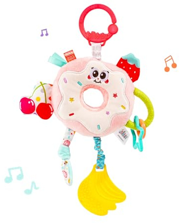 Jollybaby Baby Pull Vibration Toy - Tummy Time Sensory Hanging Toys for Car Seat, Stroller, Crib & Play Gym, with Babies Rattles & Teether, Airplane Travel Toys for Toddlers Gift - Donut