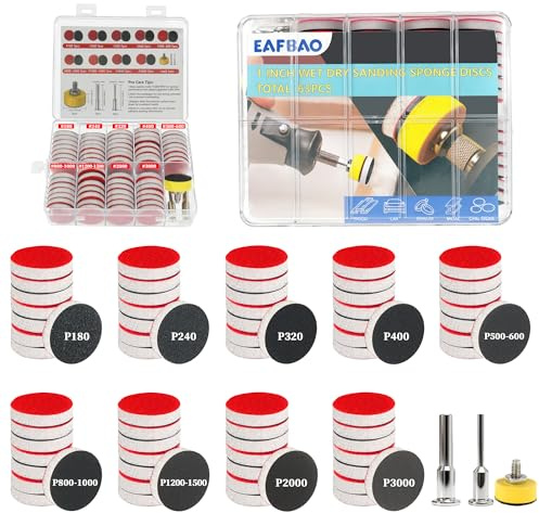 EAFBAO 63 dischi abrasivi da 2,5 cm per carta vetrata con gancio e anello per trapano con gambo da 1/8 1/4, tamponi abrasivi a secco da 180 a 3000 grana per superfici curve, resina, legno, metallo