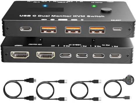 Switch KVM USB C 4K, switch a doppio monitor PD da 100 W for la condivisione di 2 laptop, e 4 dispositivi 3.0 a 10 Gbps,Flessibile
