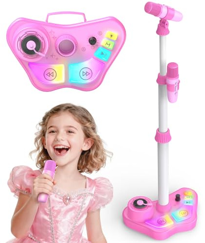 Dislocati Karaokemikrofon FöR Barn Med Stativ, 2 TråDlöSa Mikrofoner, Justerbar HöJd 47–108 Cm, Led-Lampa, Bluetooth, SäKer Musikalisk Leksak Som Present Till Flickor FråN 3 åR