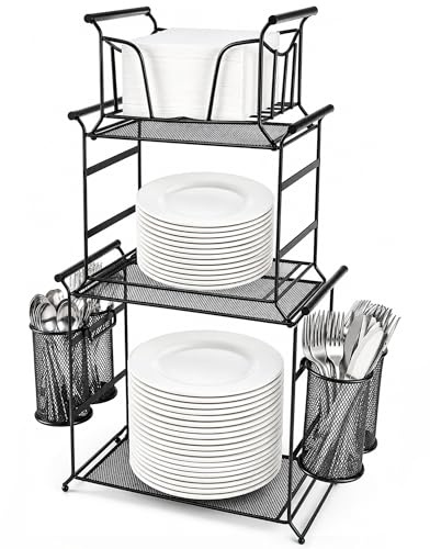 HULISEN 3-Tier Buffet Caddy, 7-Piece Stackable Paper Plate and Cutlery Holder for Parties, Detachable Mesh Silverware Organiser for Countertops, Metal Serving Station for Hosting Essentials