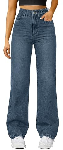 Vaqueros Mujer Rectos Tiro Alto Jeans Push Up Anchos Elasticos Vaquero con Bolsillo Pierna Recta Pantalones Tallas Grandes Color Liso Pantalón Cómodos y Casuales Algodón Holgados para el Uso Diario