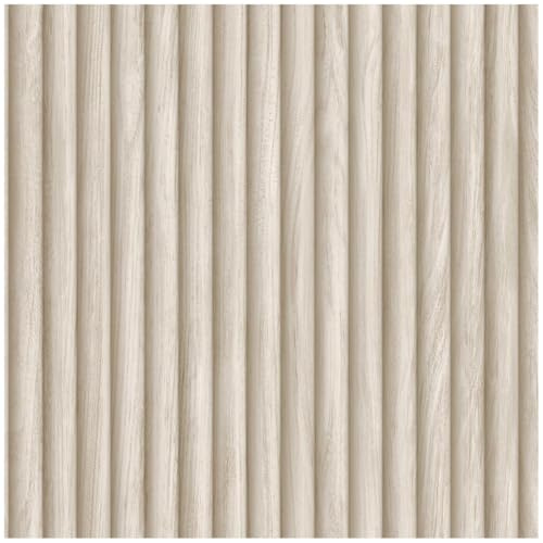 YöL Ash Fluted Wood Panel Effect Wallpaper Vertical Slat Wood Texture Neutral Beige Wooden Panelling Style Feature Wall Covering for Living Room Bedroom Hallway Modern Scandinavian Decor