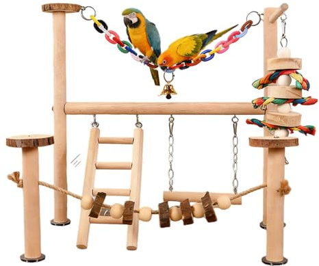 Wellensittich Spielplatz Vogel-Spielplatz mit Spielzeug Leiter Erklimmen Schaukel und Tablett für Nymphensittich Papageien Wellensittiche, Holz, Größe 37x36 cm
