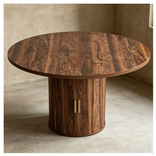 Bueuwe Mesa de comedor redonda extensible de nogal con armario de almacenamiento, mesa de comedor expandible de mediados de siglo con base de pedestal, ahorra espacio para espacios pequeños, cocina